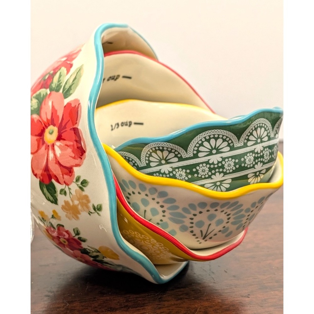 Pioneer Woman Ceramic Floral 4 Piece Measuring Cup Set 1/4 1/3 1/2 1 Cup